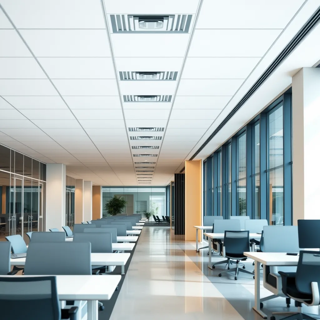 Modern office space illuminated by high-efficiency ceiling lighting