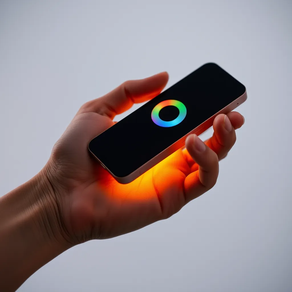 A person's hand holding a modern smart home controller for LED lights.