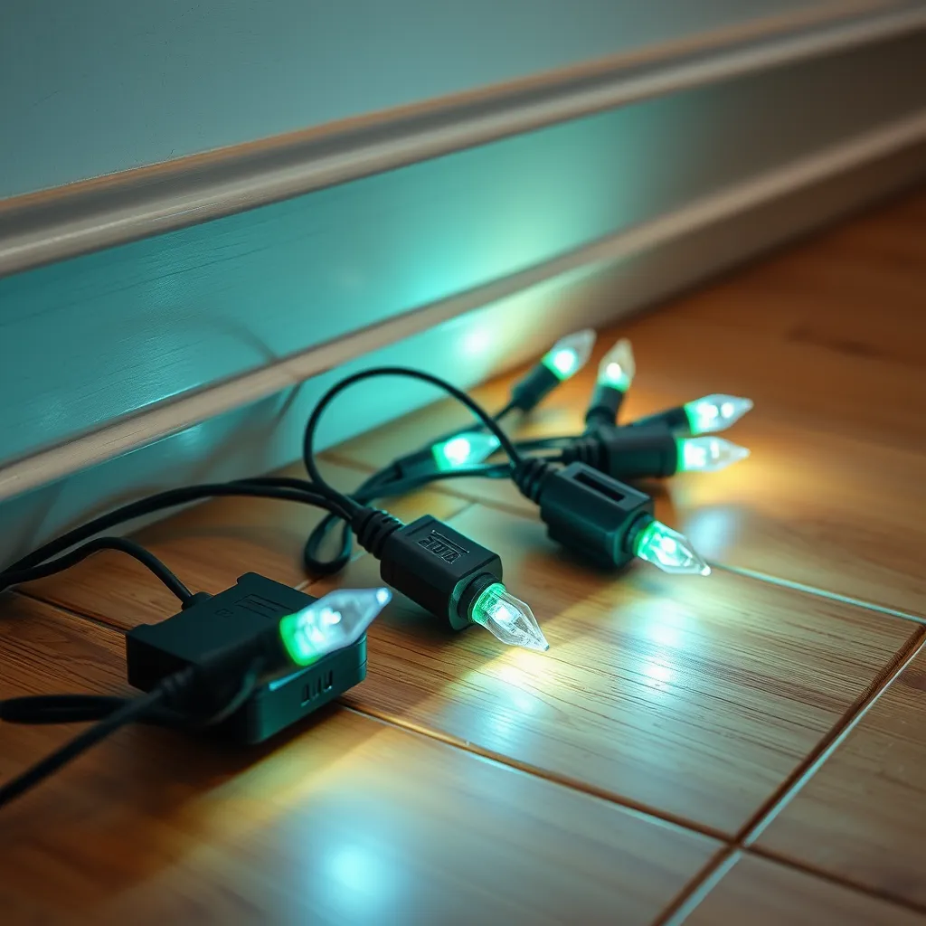Several green Christmas light plugs connected together in a daisy chain on a floor.