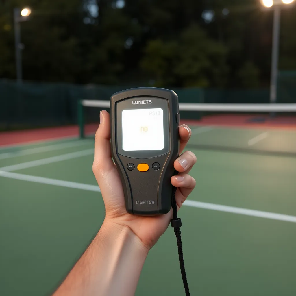 Technician measuring footcandles on a tennis court surface