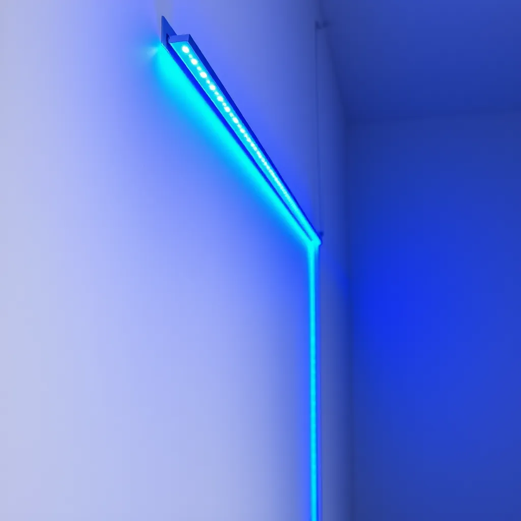Vibrant blue LED strip lights mounted horizontally on a clean white wall.