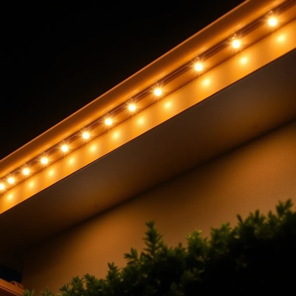 A house roofline illuminated at night by a continuous string of warm white LED lights.