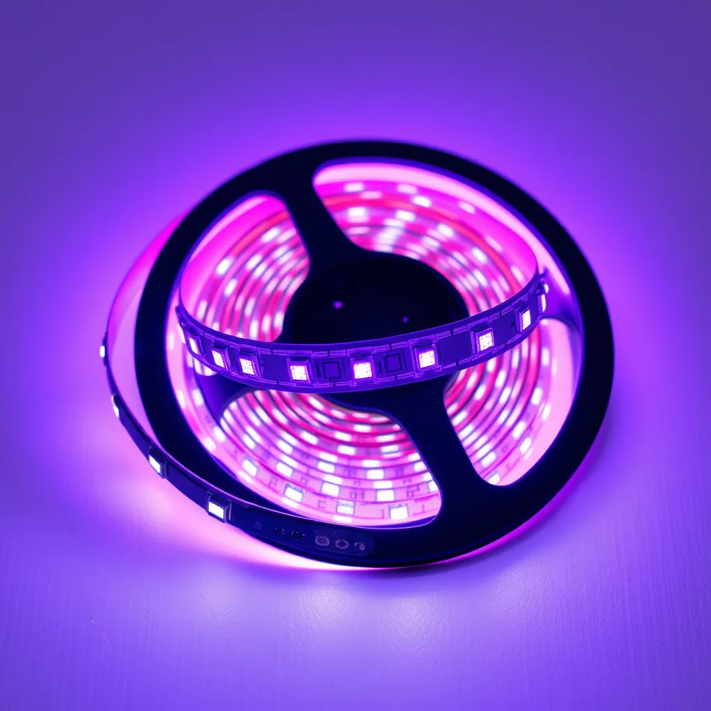 A circular plastic spool holding a long roll of purple LED strip lighting on a white background.