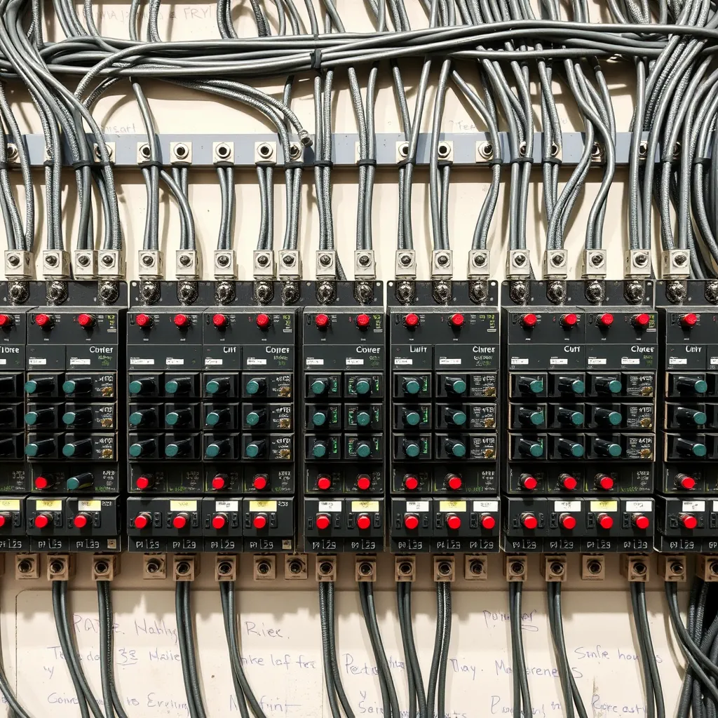 A close-up of a residential electrical breaker panel.