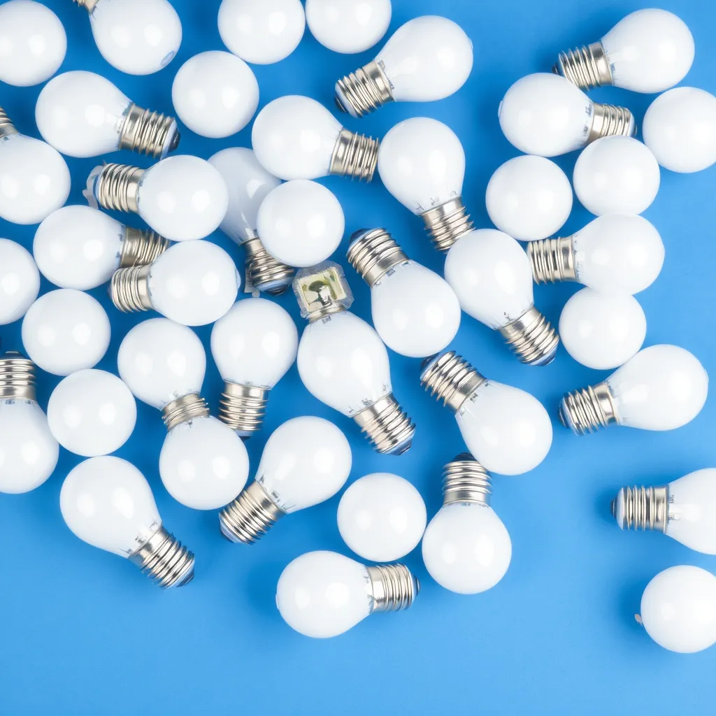 A small group of various LED light bulbs scattered on a solid blue surface.
