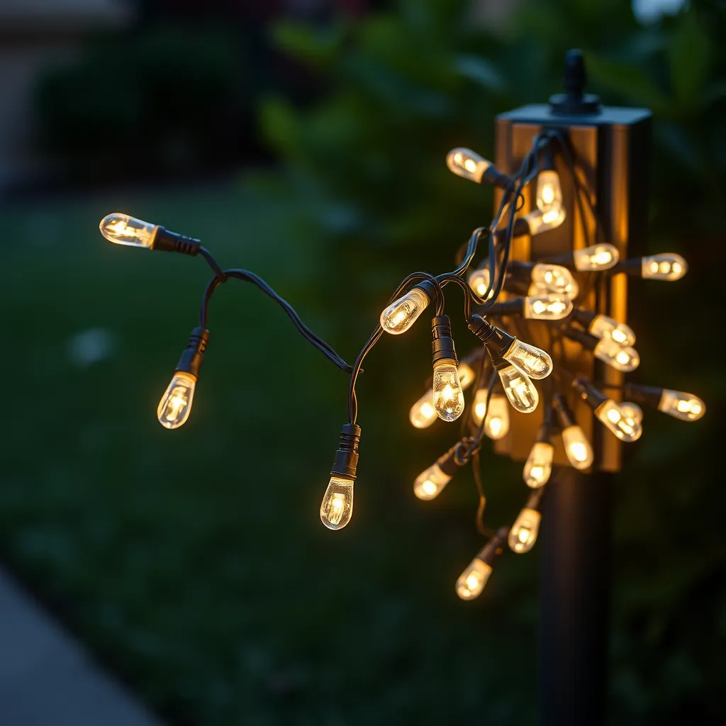 Several LED light strings plugged into a weather-protected outdoor power outlet