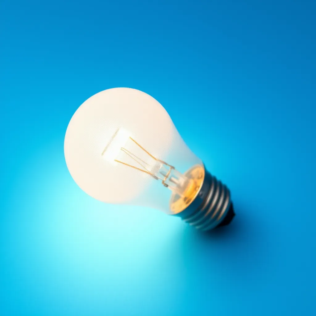 A single frosted white LED light bulb centered on a solid light blue background.