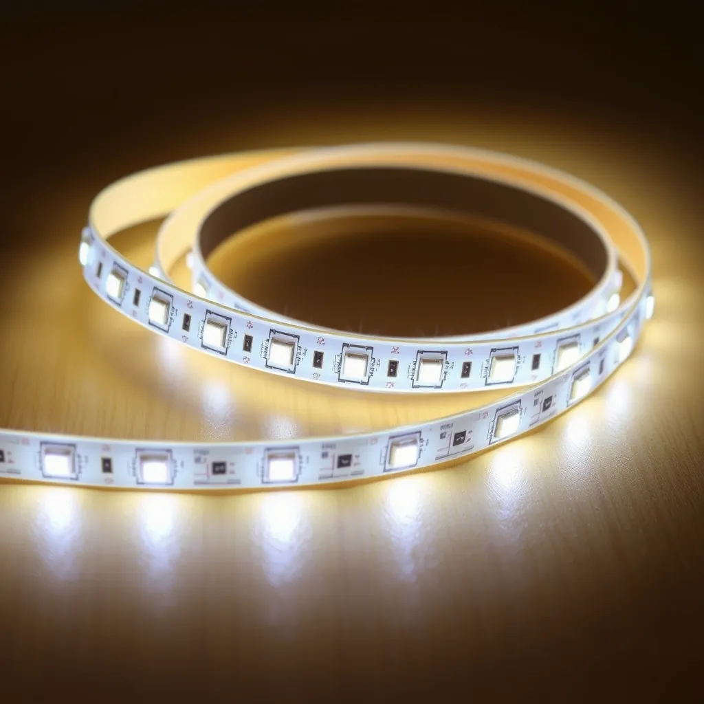 A flexible LED light strip emitting a warm glow while resting on a dark wood surface.