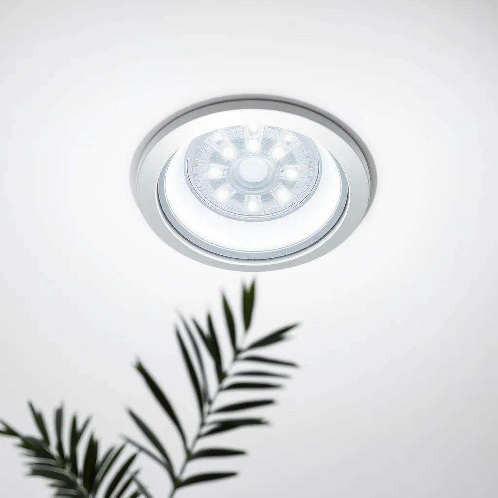 A modern circular LED downlight installed flush against a clean white ceiling.