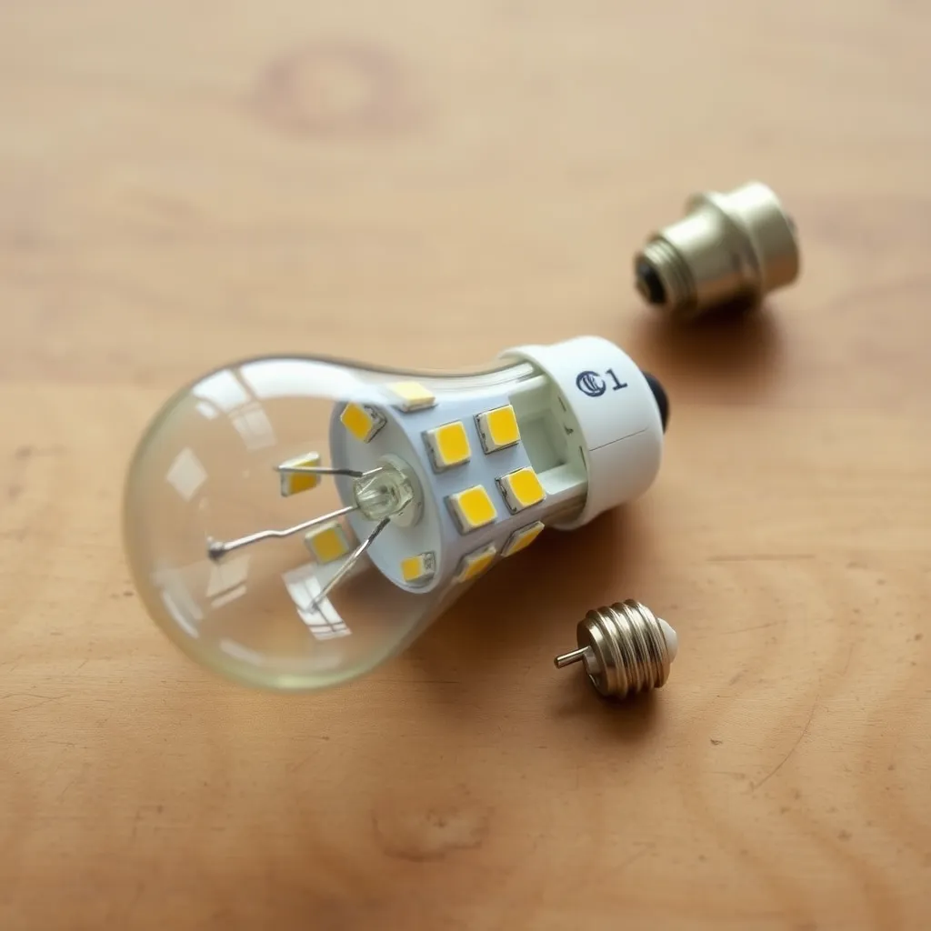 The internal components of an LED bulb laid out on a wooden surface.