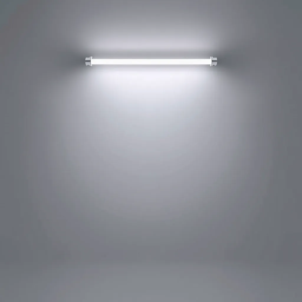 A standard glass fluorescent tube resting on a plain grey surface.
