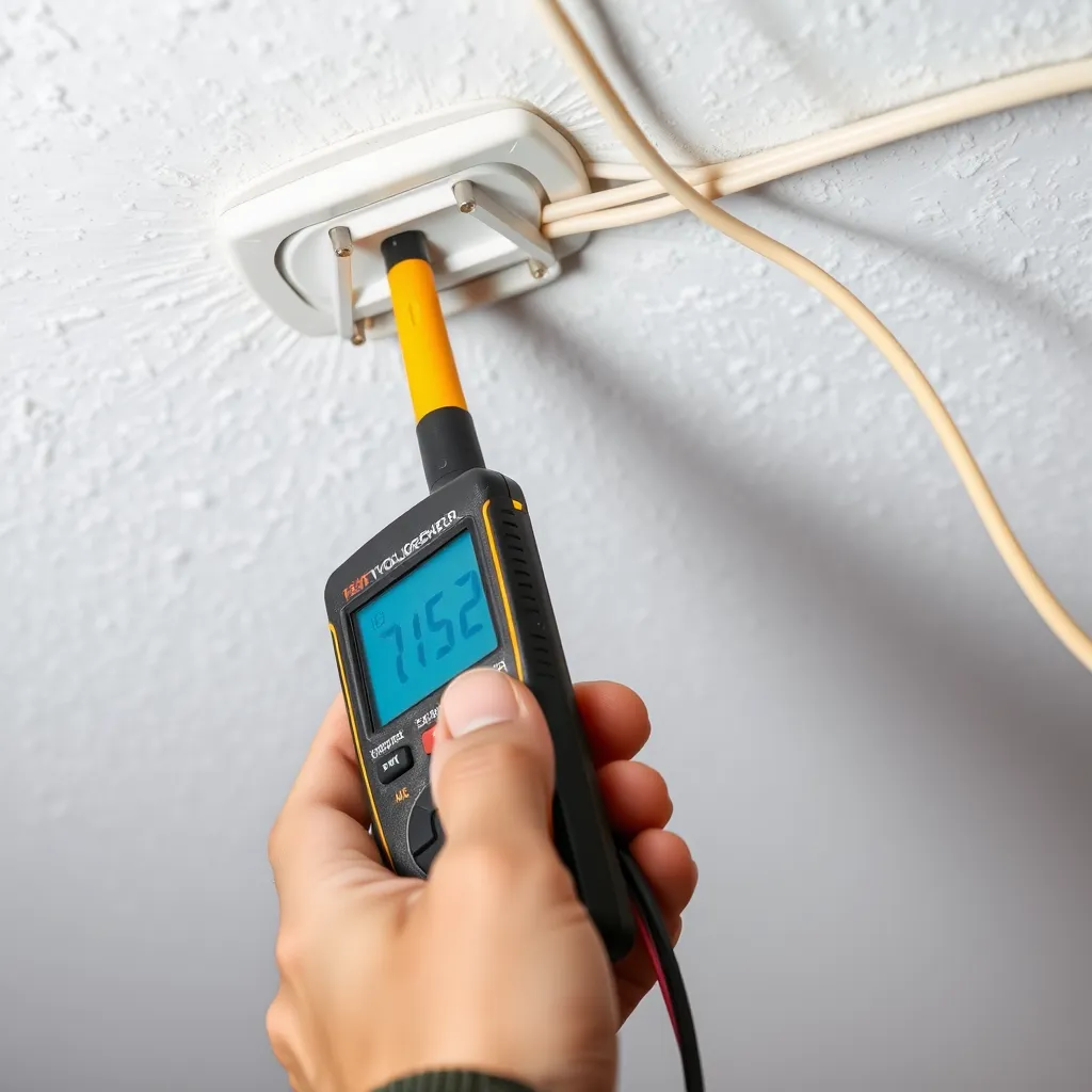 A non-contact voltage tester being used to check wires in a ceiling junction box