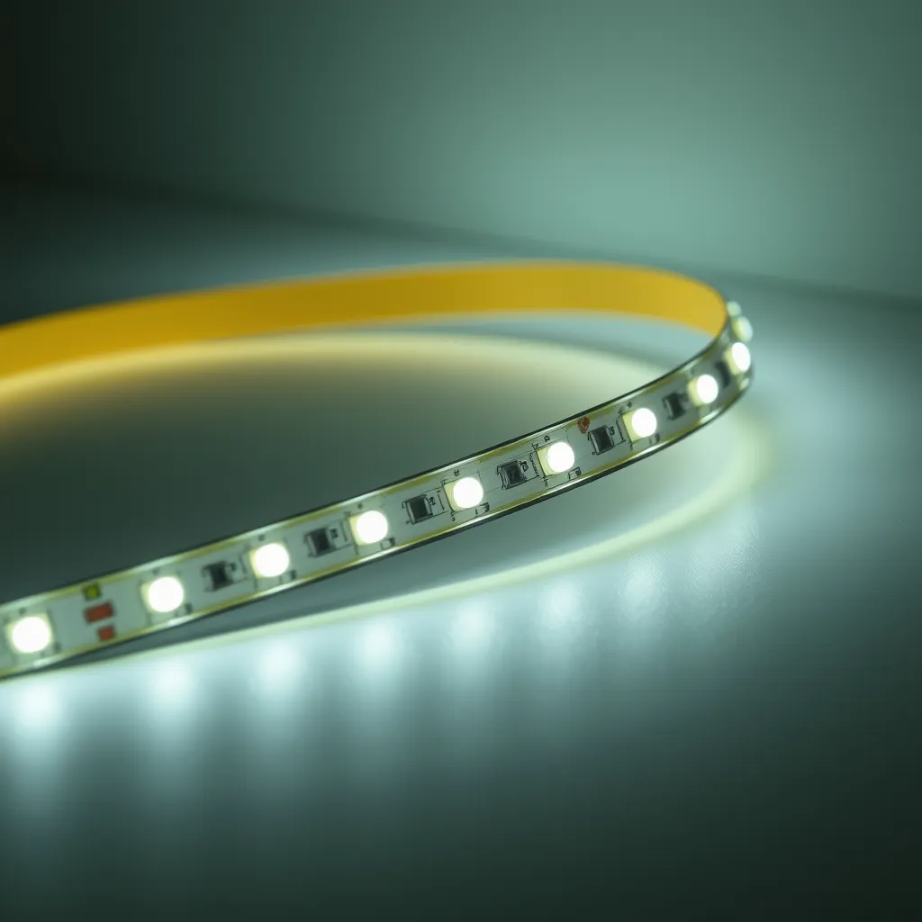 A flexible LED light strip emitting a warm glow on a dark table.