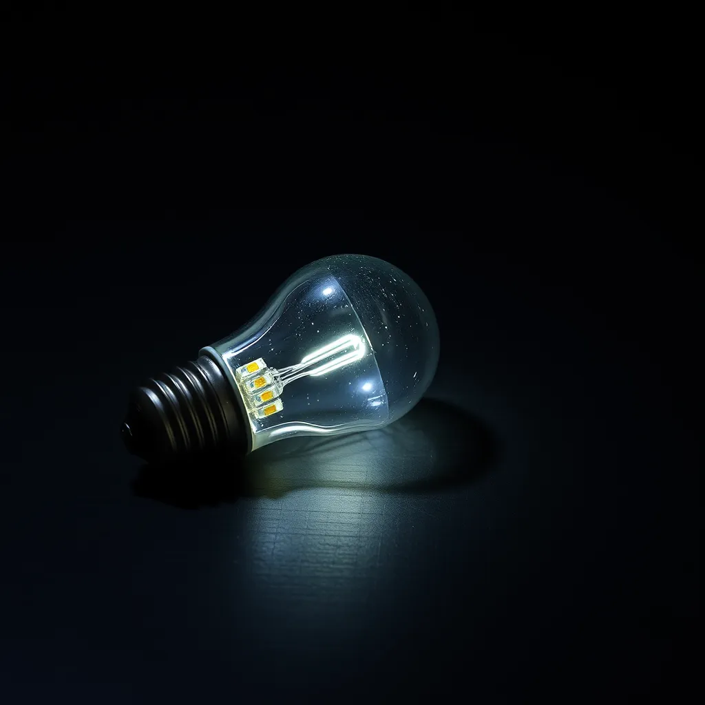 Shattered plastic and internal components of a broken LED bulb on a dark gray surface.