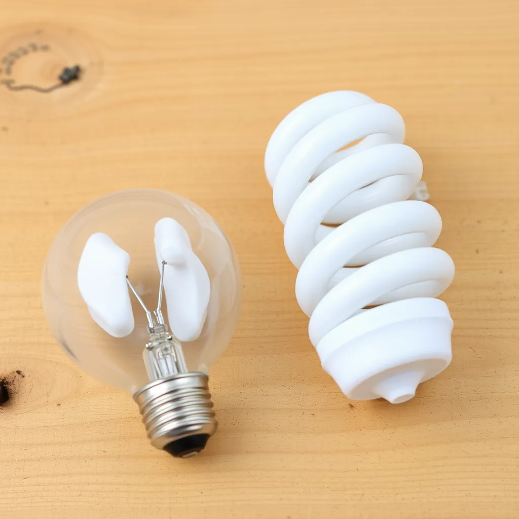 A modern LED bulb sitting next to a spiral-shaped CFL bulb on a wooden table.
