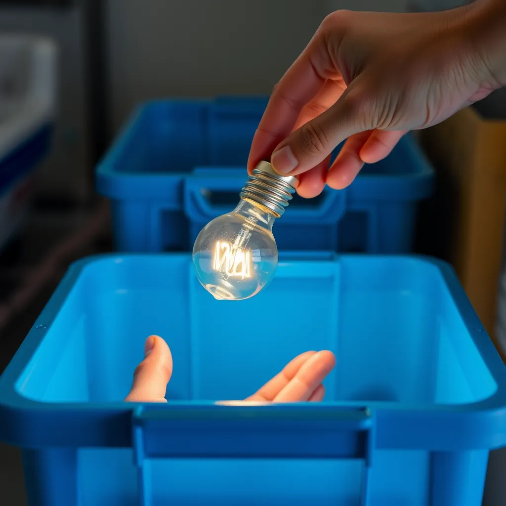 A person's hand carefully dropping an LED light bulb into a blue recycling container.