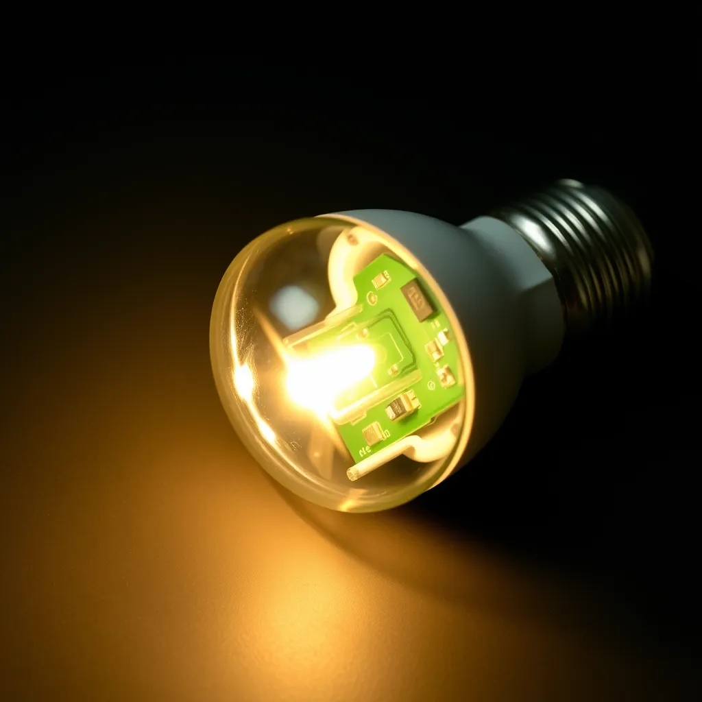 Internal components and driver board of a disassembled LED light bulb