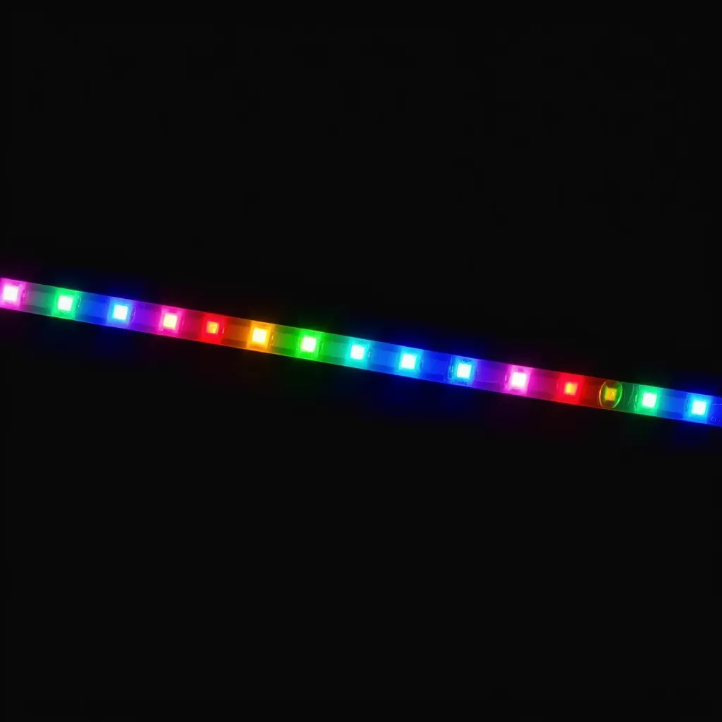 A vibrant multi-colored LED strip glowing against a dark surface.
