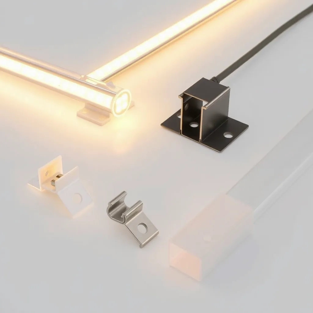 Different types of mounting hardware for LED rope lights on a wooden table