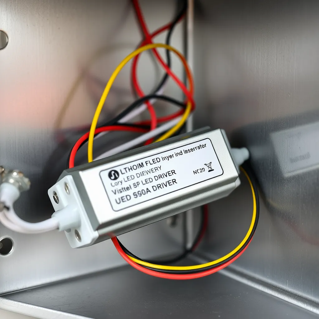 A close-up view of an LED driver with 120V AC input and DC output wires connected