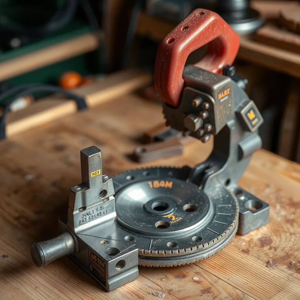 A circular metal hole saw attachment sitting on a natural wood workbench.