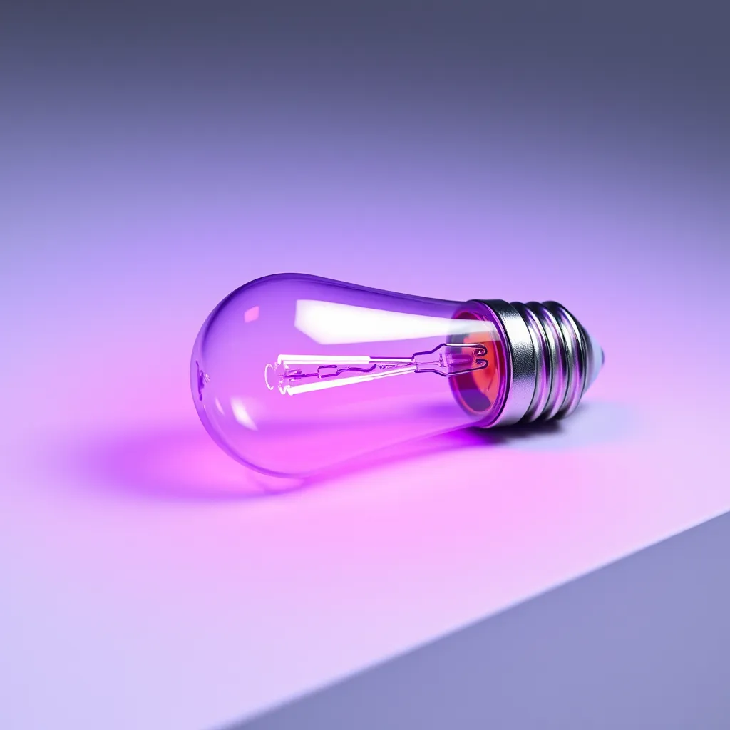 A modern LED light bulb glowing with a deep purple hue.