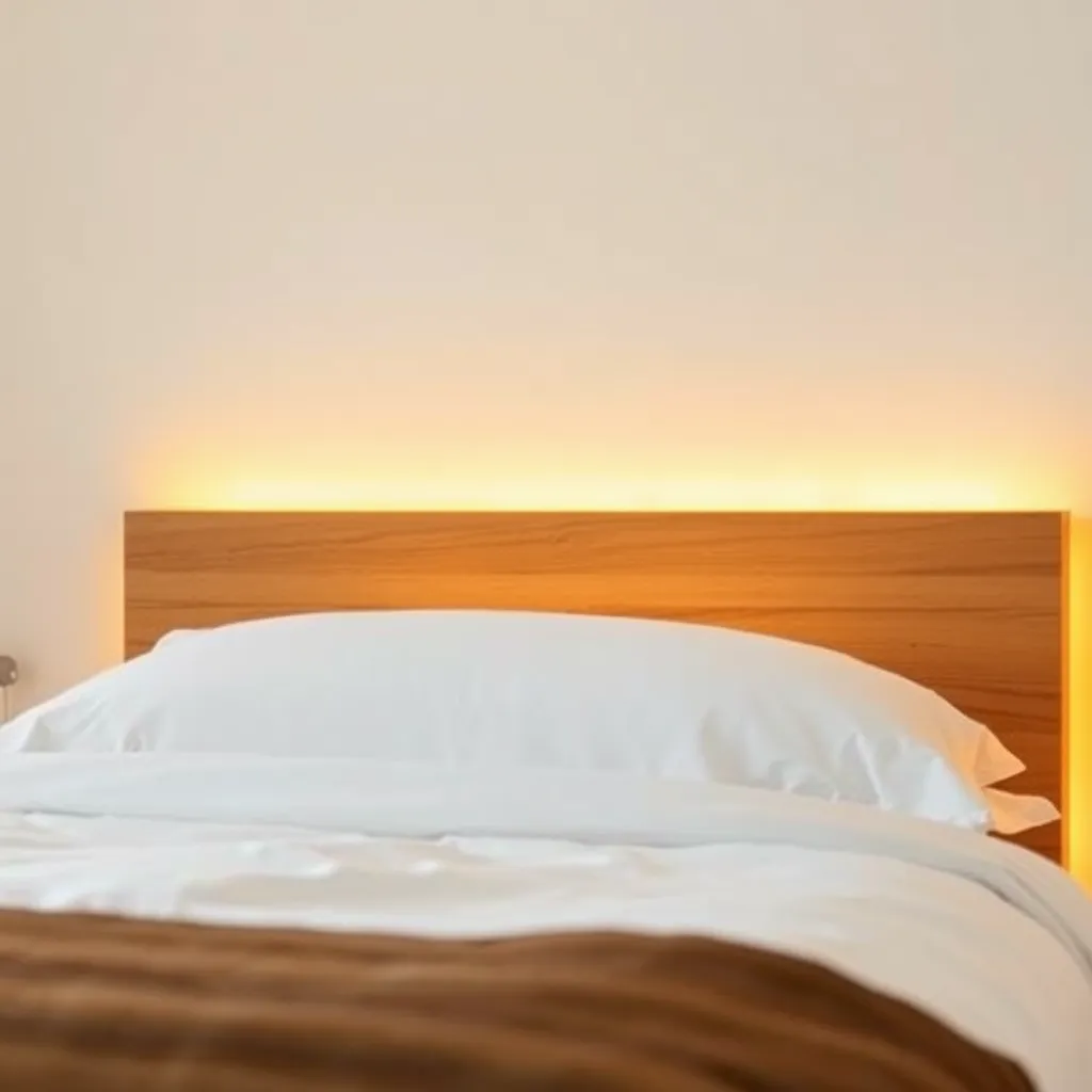 Amber LED strip lights installed behind a headboard providing soft indirect light.