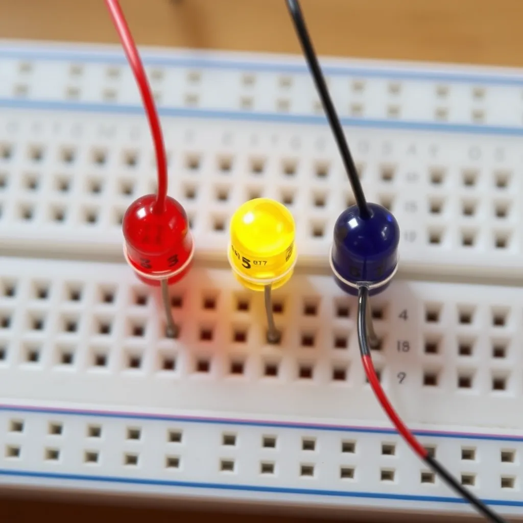 A breadboard with multiple LEDs wired in a series circuit.