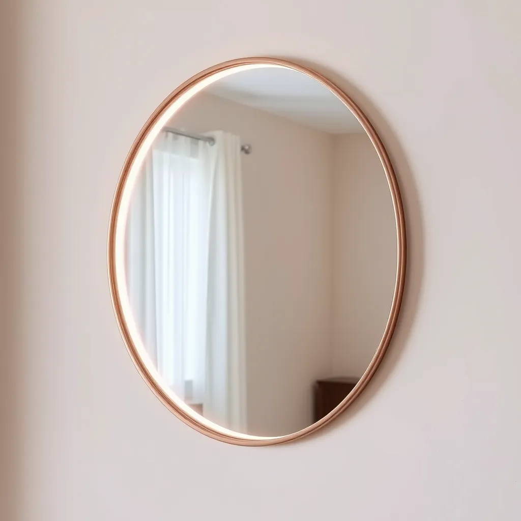 A circular wall mirror with a soft rose gold LED glow emanating from behind it.