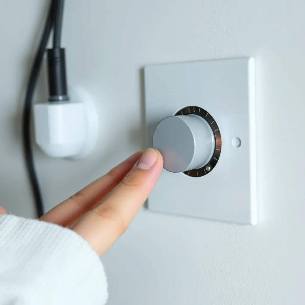 A hand turning a rotary dimmer switch installed on a wall.