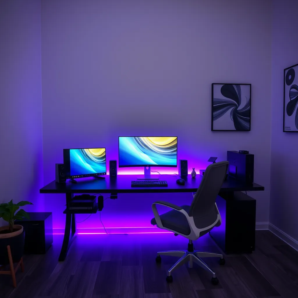 Vibrant purple LED backlighting behind a computer desk against a wall