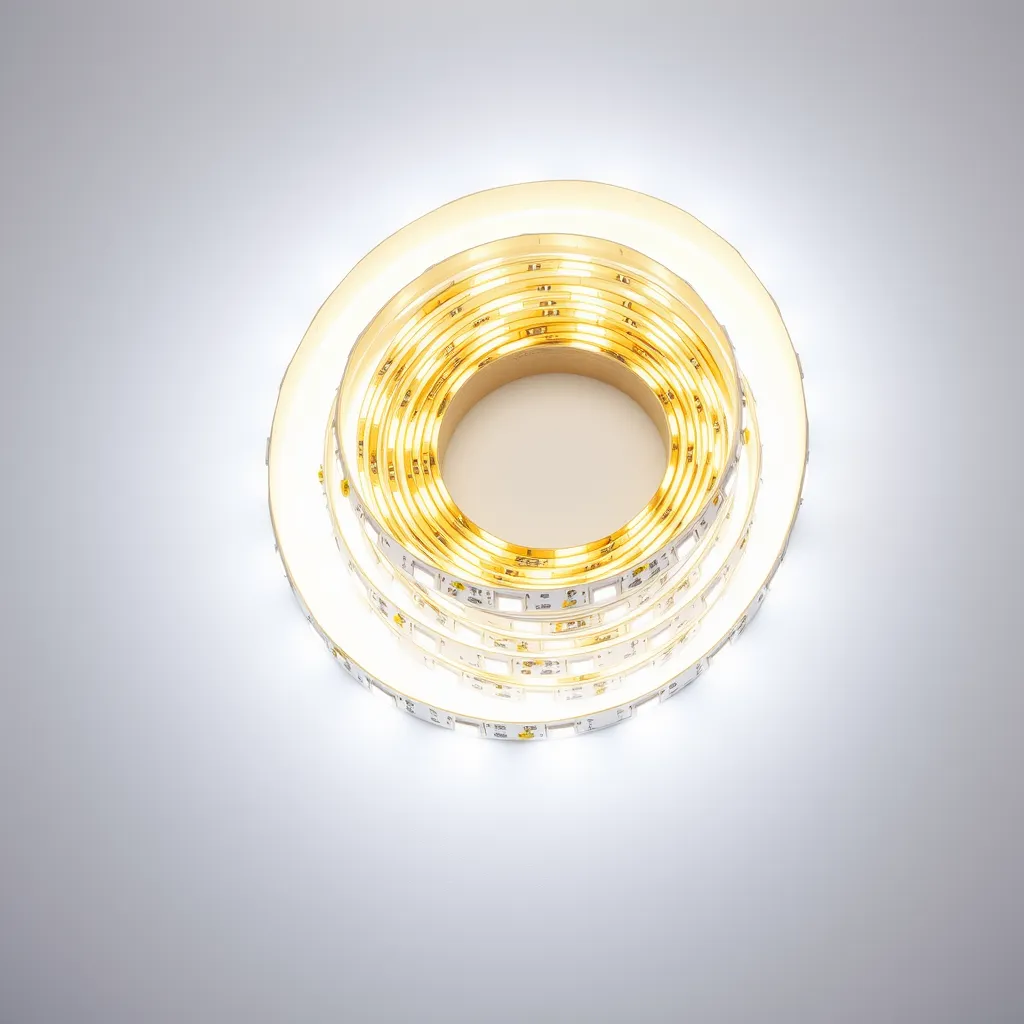 A coiled roll of RGB LED light strip on a plain white surface