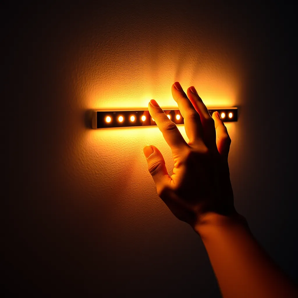 A person's hand pressing a self-adhesive LED strip onto a clean wall