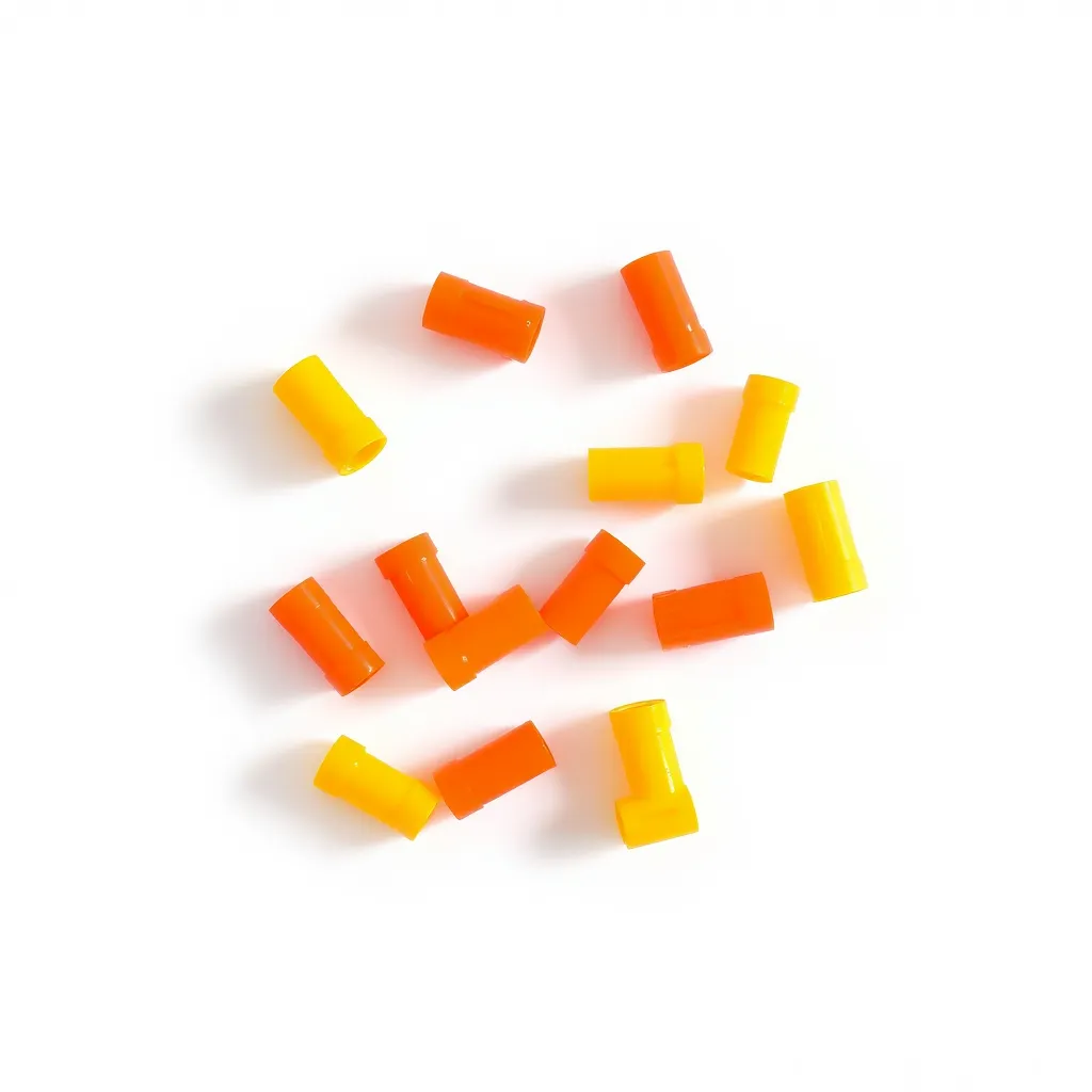 A small collection of orange and yellow plastic electrical wire connectors.