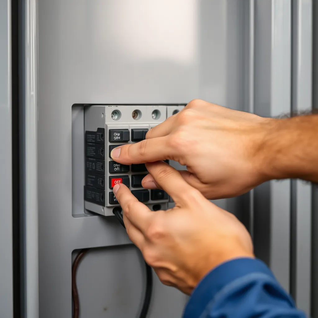 A person turning off the pool light circuit breaker in an electrical panel