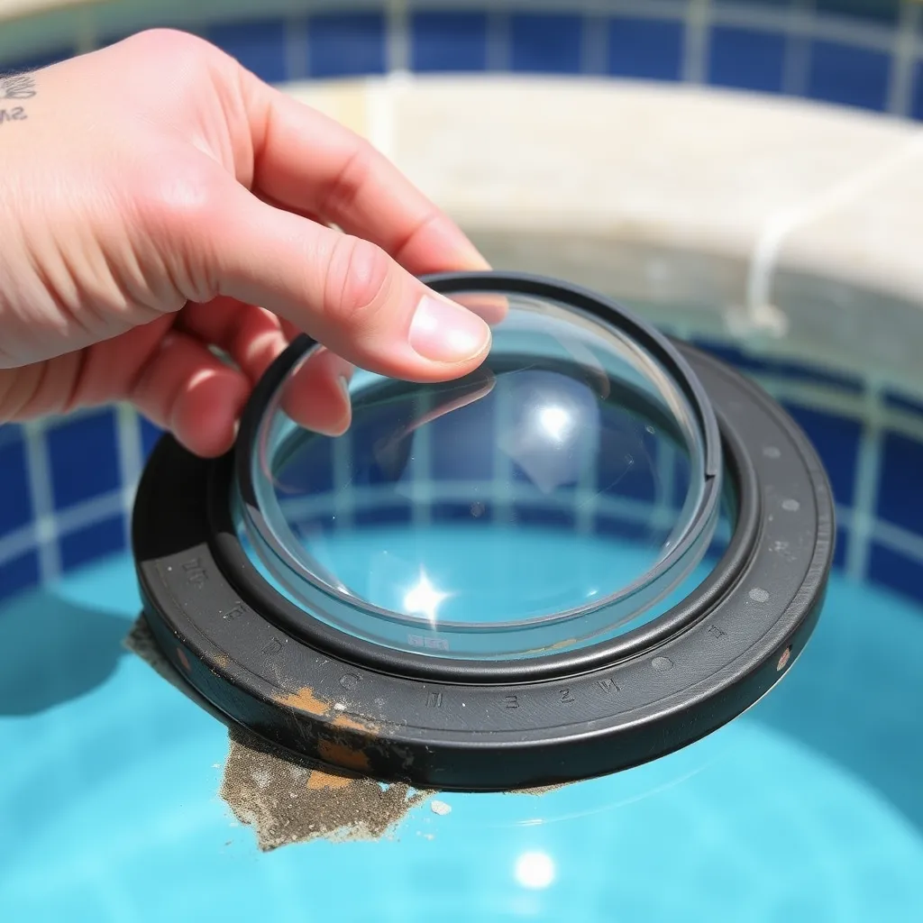 A person applying a new rubber O-ring gasket to the glass lens of a pool light