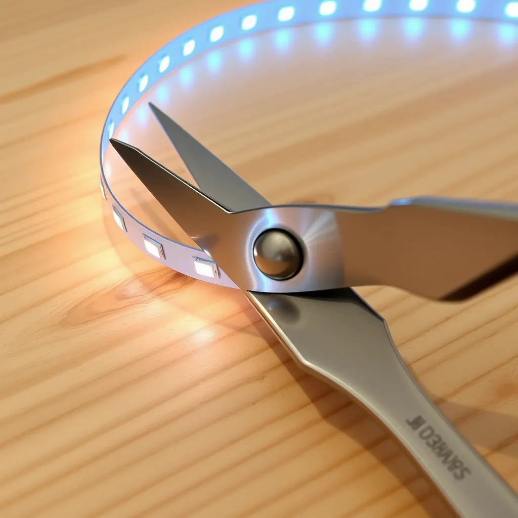 A pair of scissors positioned to cut through an LED light strip on a wooden table.