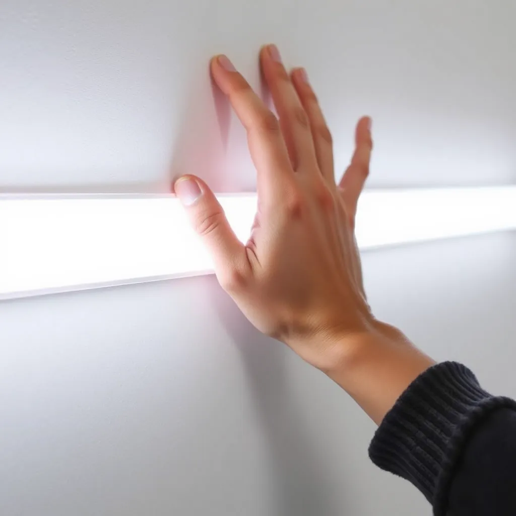 A person's hand firmly pressing an LED light strip onto a white wall.