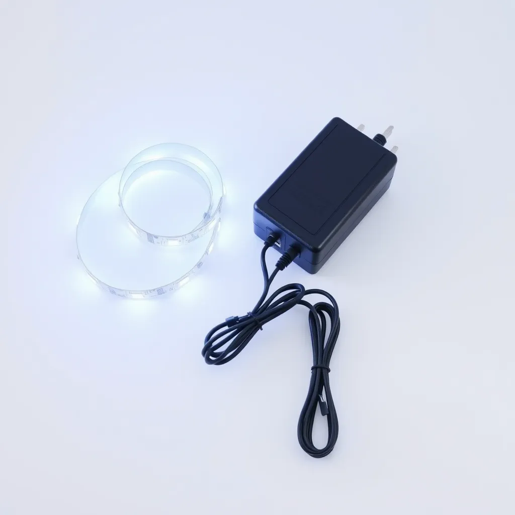 A coiled LED light strip next to its power plug on a plain white background.