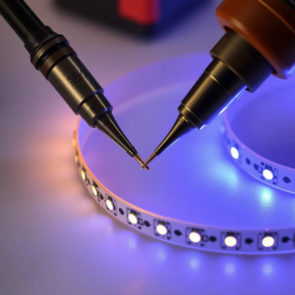 Soldering iron, wire, and LED strip on a workspace