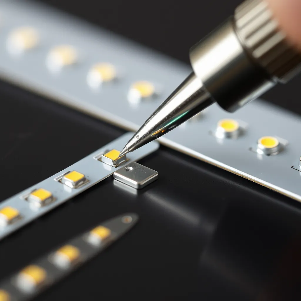 Close-up of tinning a copper pad on an LED strip