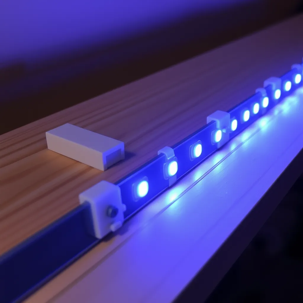 Plastic mounting clips and small screws securing an LED strip to wood