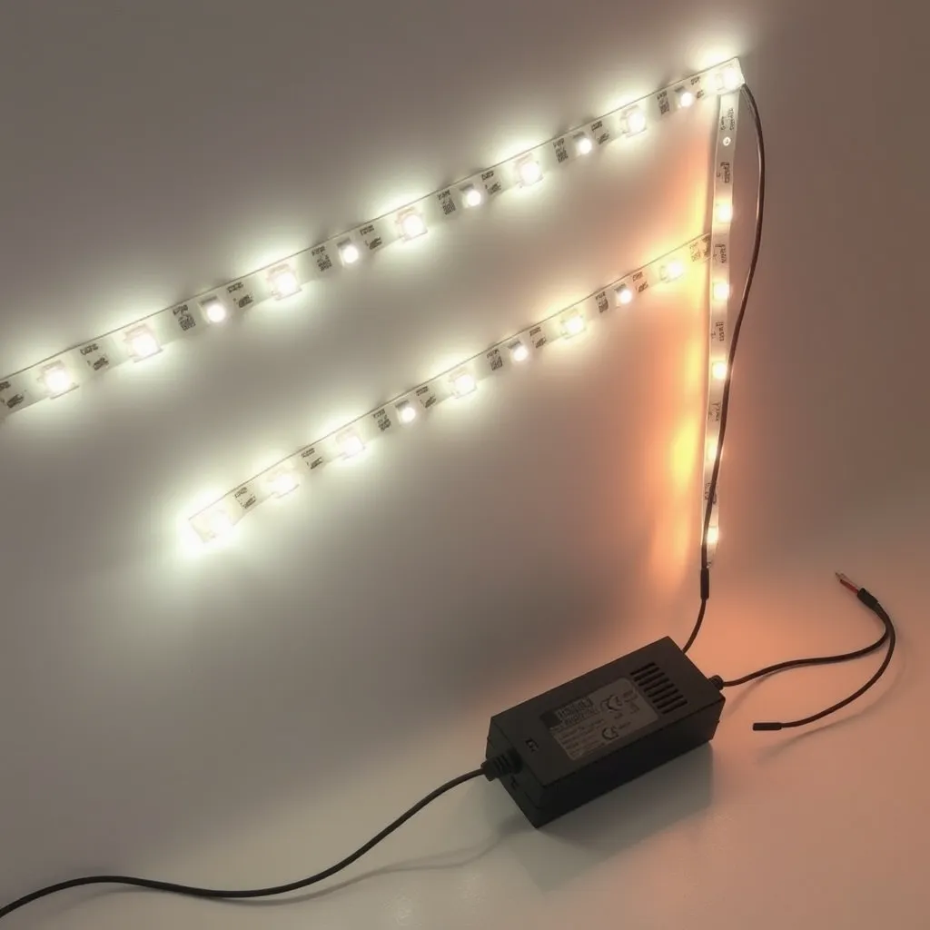 Several segments of LED strip lights connected individually to a single power supply, illustrating parallel wiring.