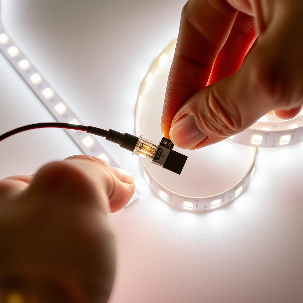 A hand shown in the process of attaching an LED strip light to a solderless connector.