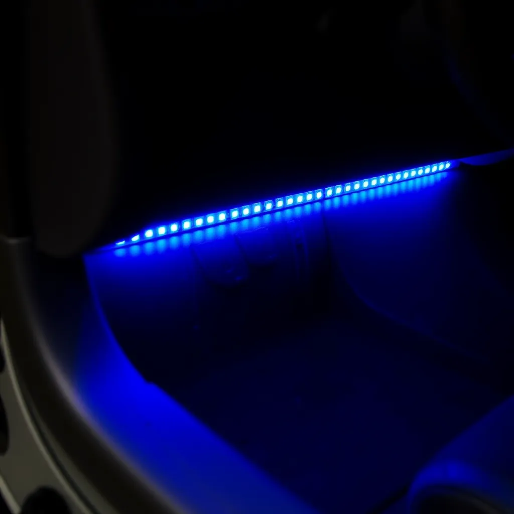 A blue LED strip light installed discreetly under a car dashboard, providing accent lighting in the vehicle interior.