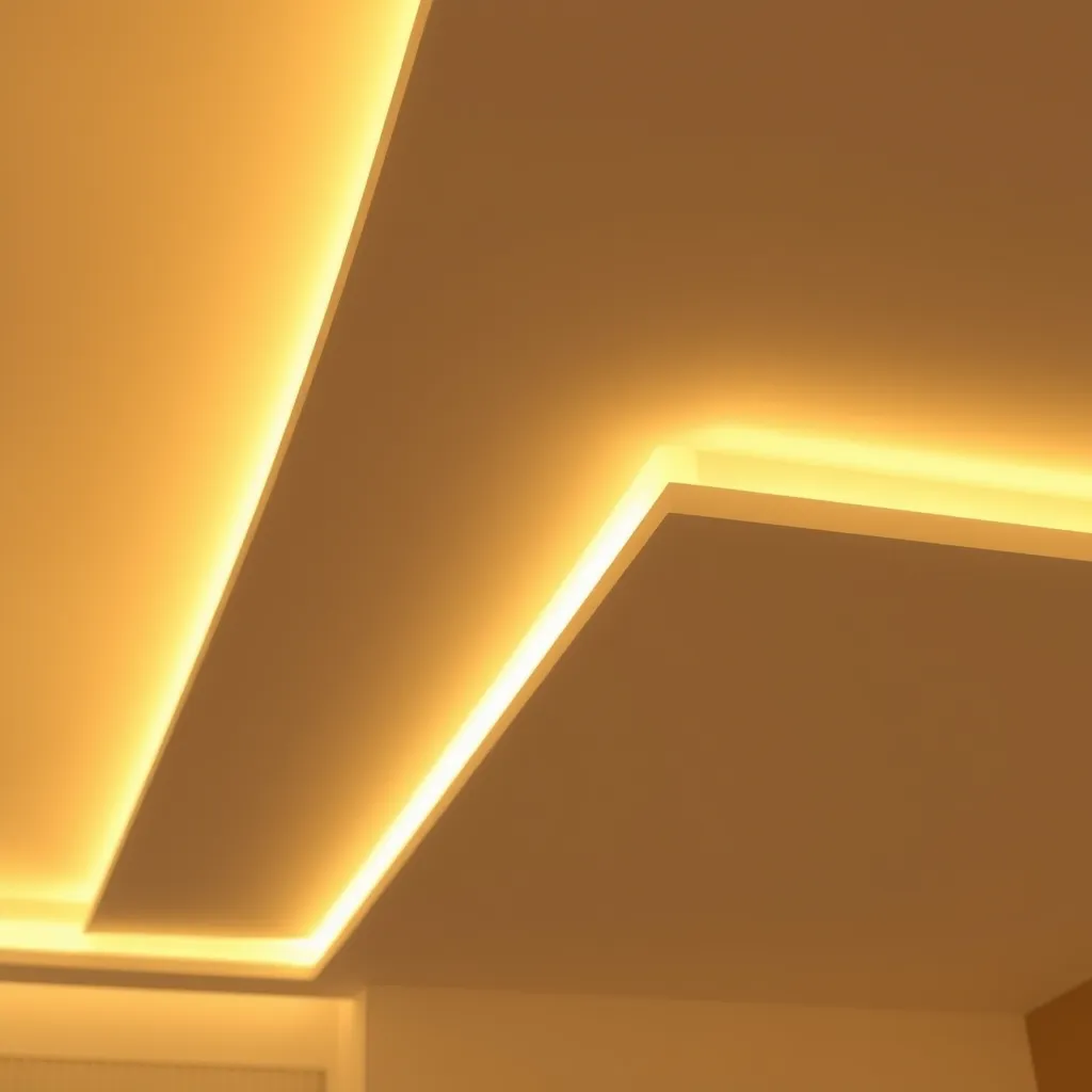 A warm white LED strip light installed discreetly within a ceiling cove, casting indirect ambient light.