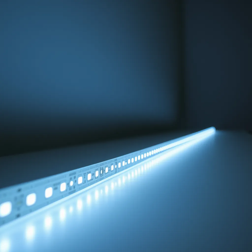 A very long LED strip light showing noticeable dimming and reduced brightness towards its far end due to voltage drop.