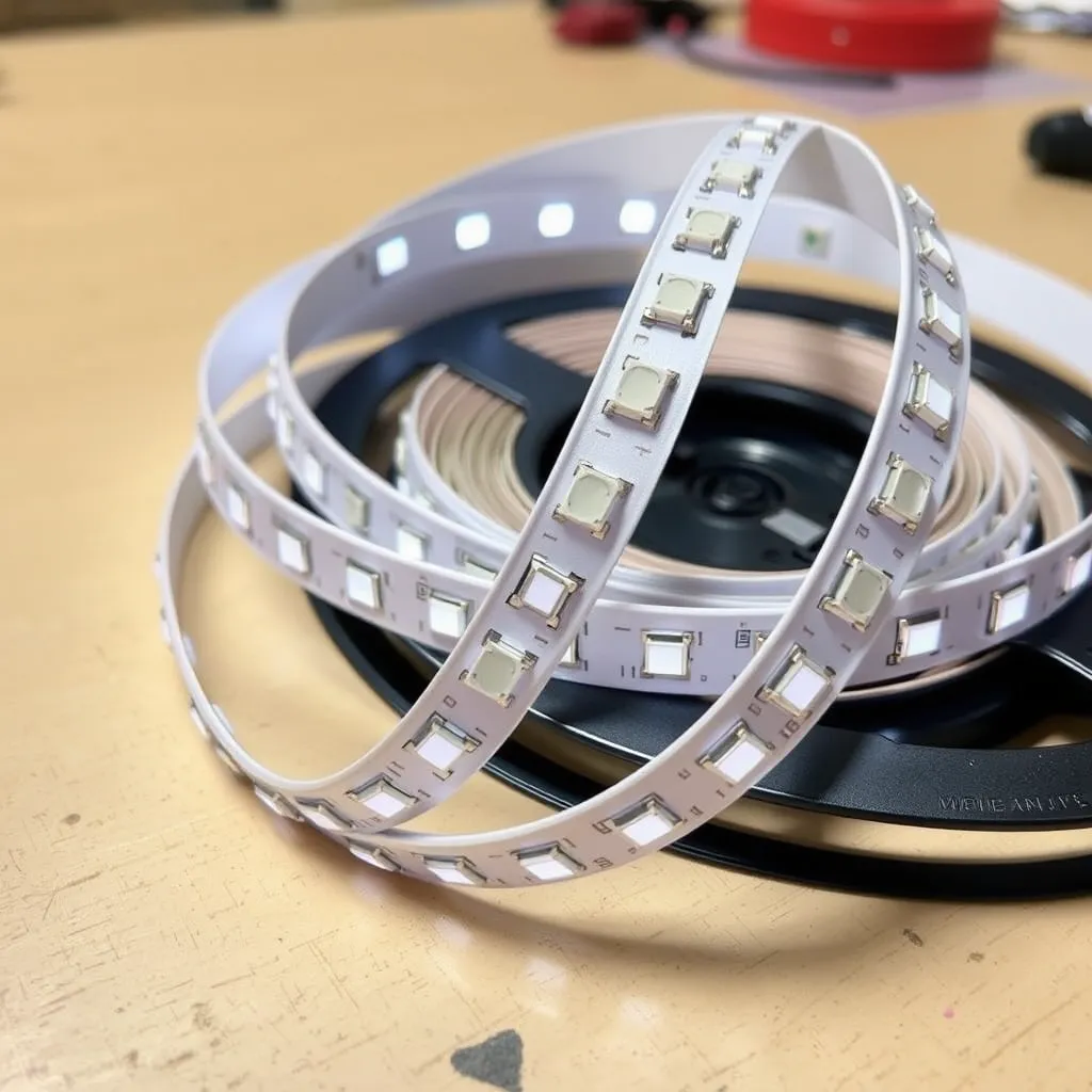 A close-up view of a flexible LED strip light lying on a workbench, showing individual LEDs and cut marks.