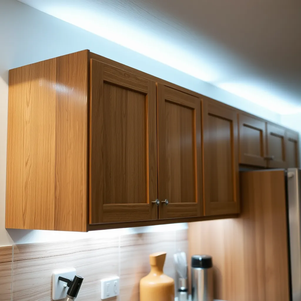 Under-cabinet LED strip lighting illuminating a granite countertop