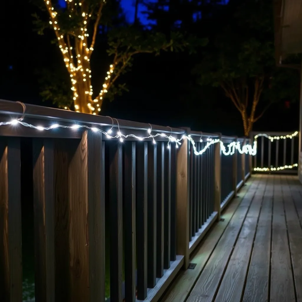 Outdoor rope lighting installed on a backyard deck railing